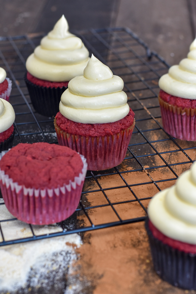 grain free red velvet cupcake with cream cheese frosting